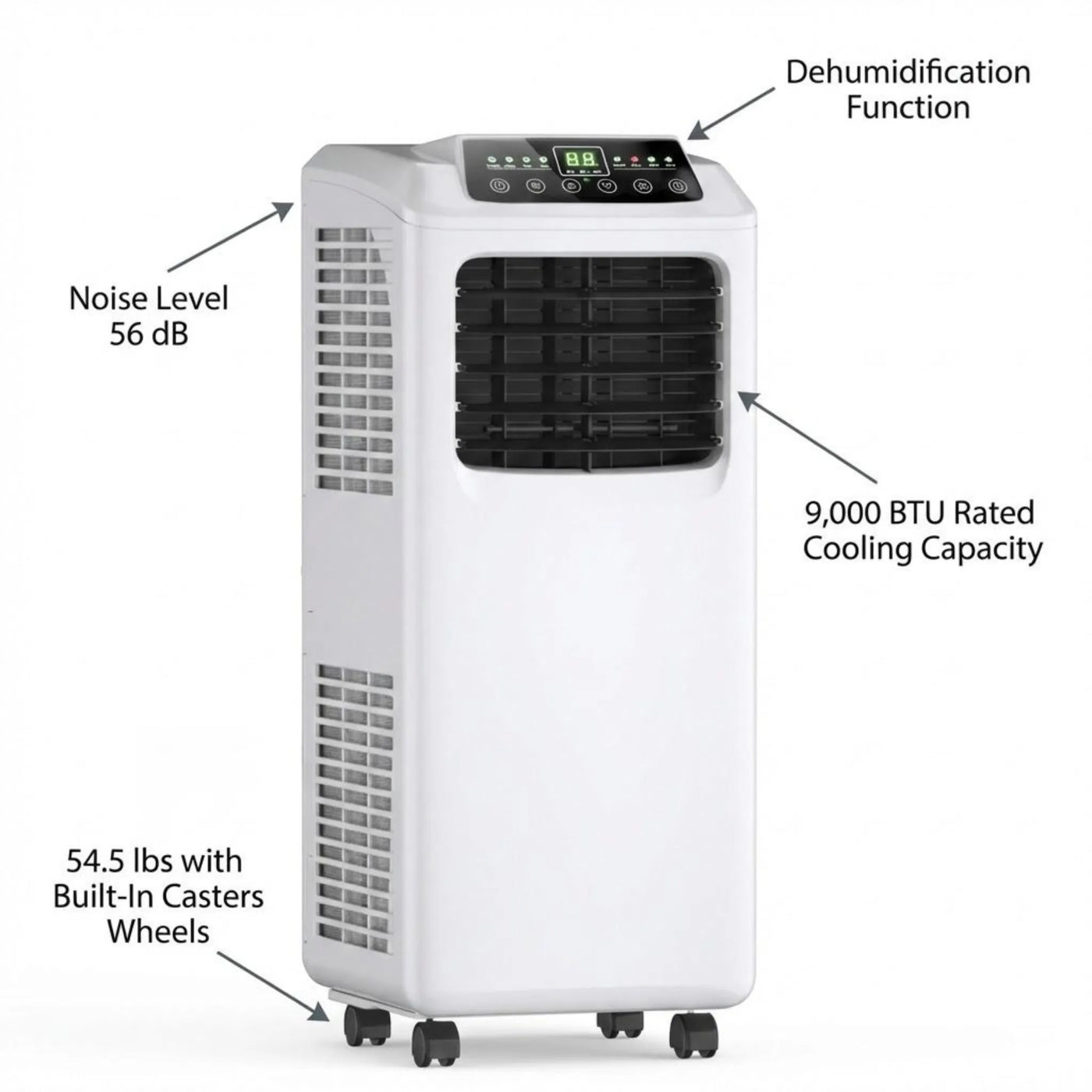 9000 BTU Portable Air Conditioner with Integrated Dehumidifier and Remote Control